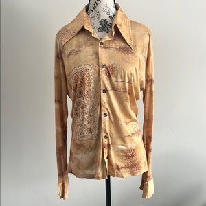 Vintage 70s Orange Brown Satin Shirt — Baroque Dog Print